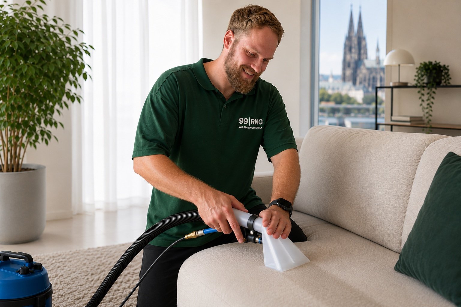 99RNG Fachkraft bei der Reinigung eines gepolsterten Sofas