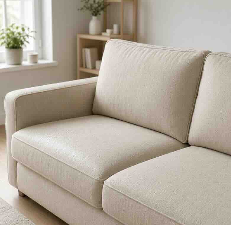 Frisch gereinigtes beiges Stoffsofa in einem hellen Wohnzimmer, das nach der professionellen Reinigung trocknet.