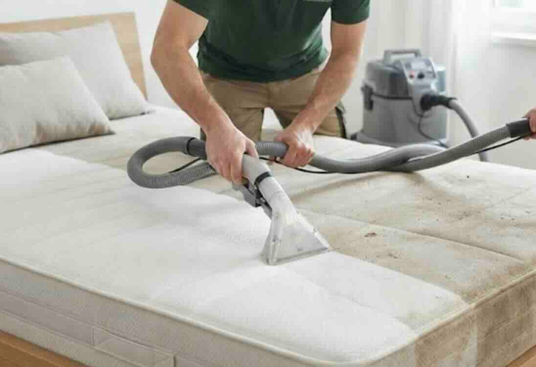 Zwei Reinigungsexperten führen eine professionelle Tiefenreinigung einer Matratze in einem Schlafzimmer mit einem Sprühextraktionsgerät durch.