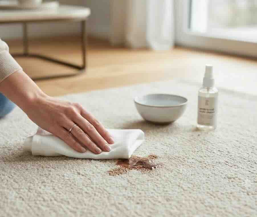 Hand tupft mit einem weißen Tuch vorsichtig einen frischen Fleck auf einem hellen Teppich ab.